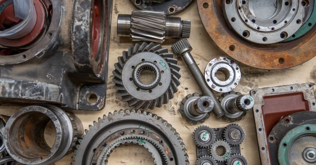 Detailed shot of industrial gears and mechanical parts in a workshop setting.