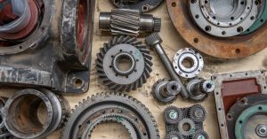 Detailed shot of industrial gears and mechanical parts in a workshop setting.